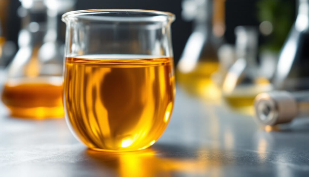 Golden cannabis distillate in a glass vessel under warm laboratory lighting