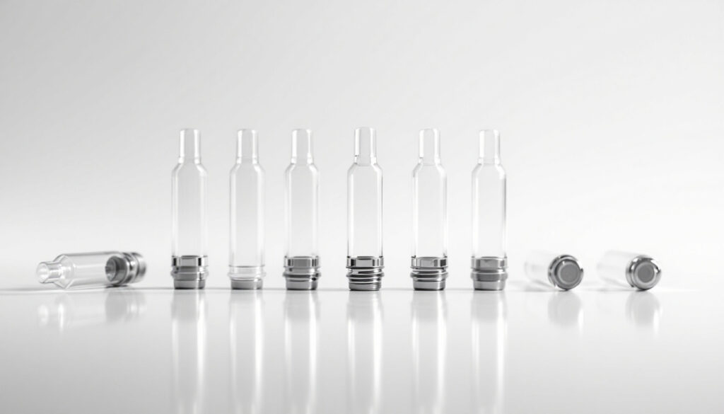 Row of empty glass vape cartridges on a clean white surface under bright even light