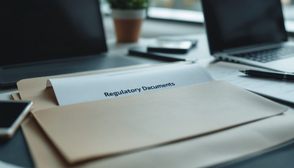 Regulatory documents in a folder on a desk beside a laptop in an office