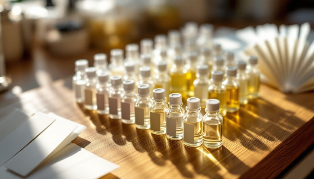 Perfumer style blending bench with rows of small vials and testing strips