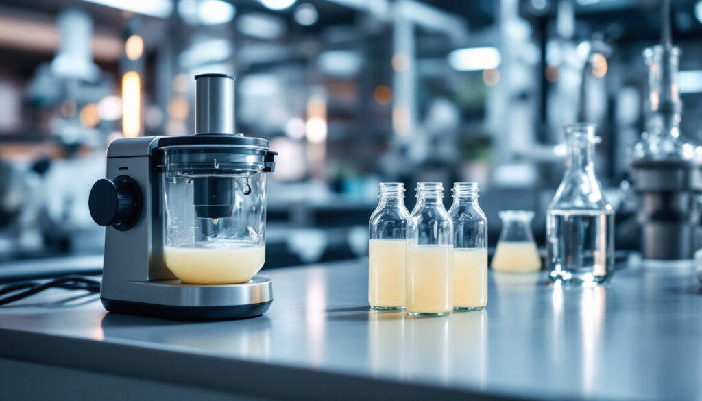 Beverage development bench with mixing equipment and sample bottles under bright light