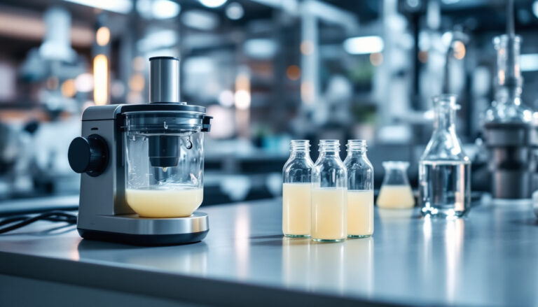 Beverage development bench with mixing equipment and sample bottles under bright light