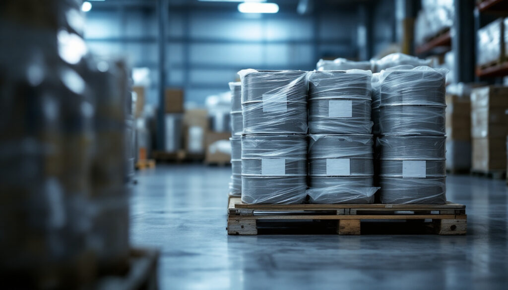 Sealed bulk drums and containers on a pallet in a storage facility