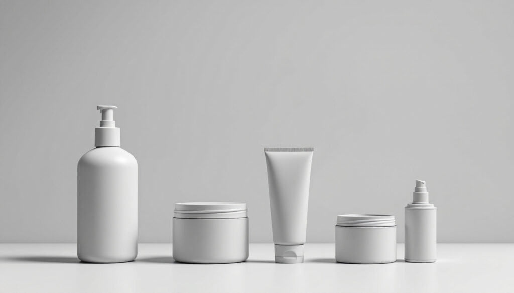 Range of unlabeled product containers arranged in a row on a studio backdrop