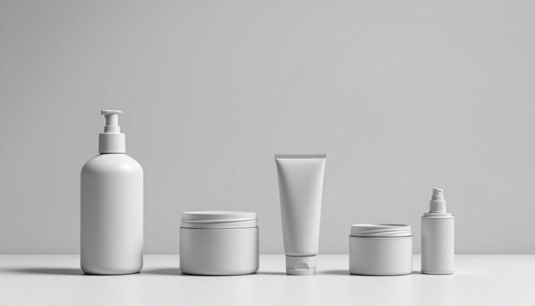 Range of unlabeled product containers arranged in a row on a studio backdrop