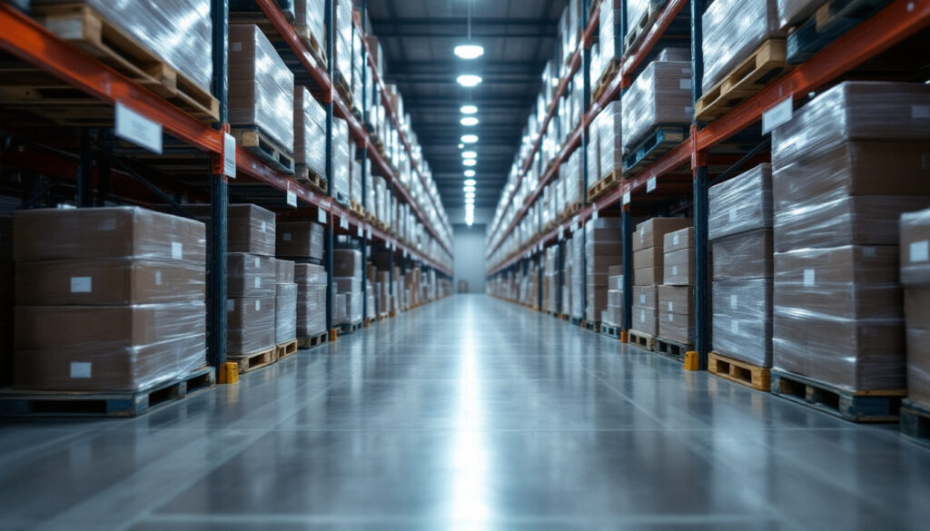 Warehouse aisle with palletised goods receding into soft focus