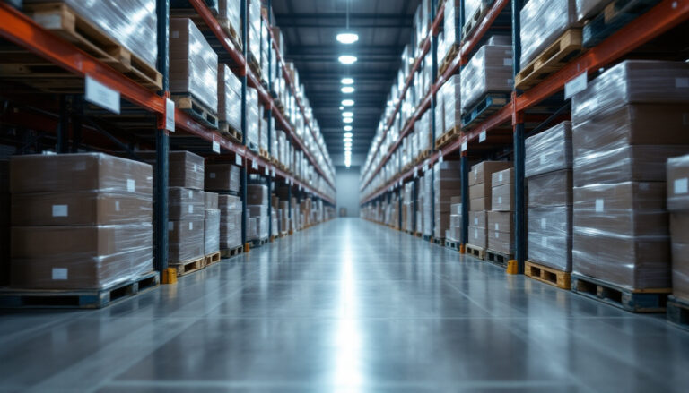 Warehouse aisle with palletised goods receding into soft focus
