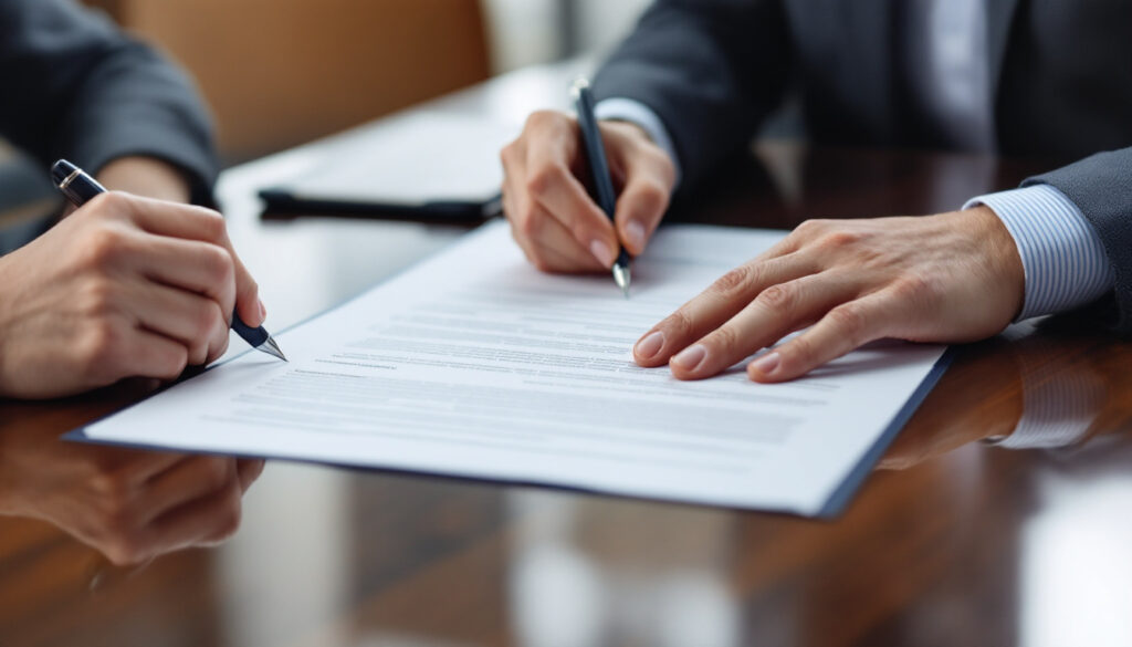 Two people reviewing a printed contract across a table in an office