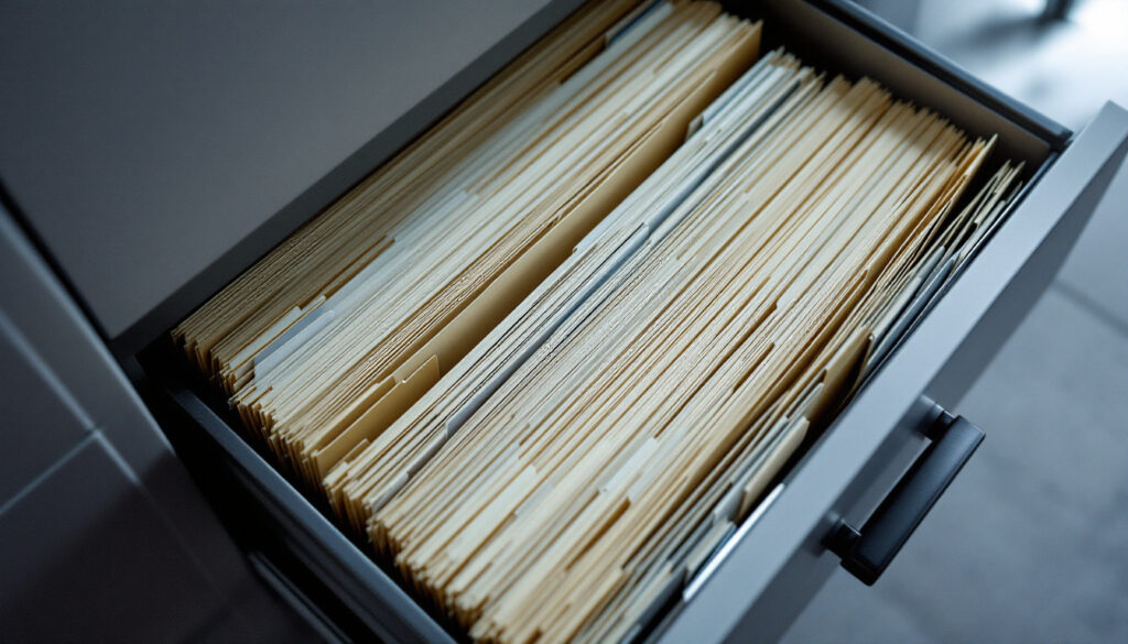 Filing drawer of technical documents open on a desk in an office